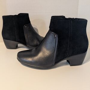 Clarks Emily Low Black Leather Suede Heeled Boots 8 1/2